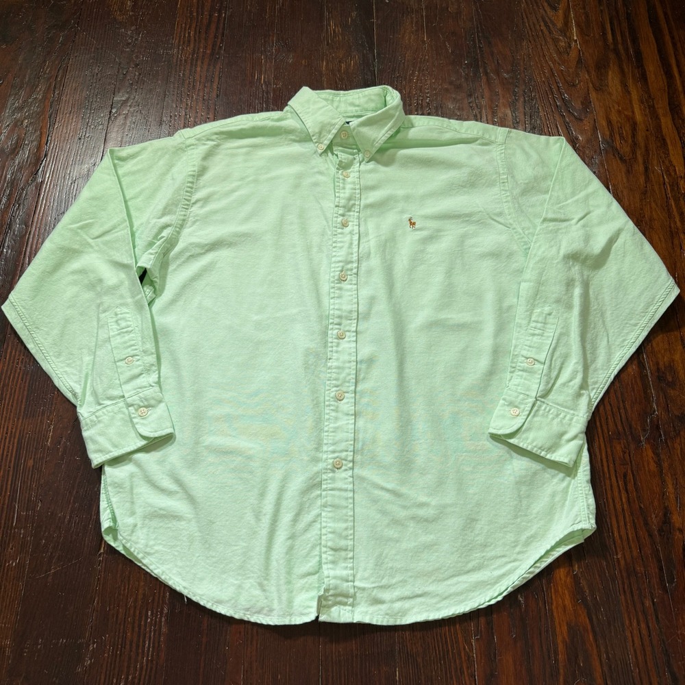 Ralph Lauren Shirt Womens 14 Mint Green Oxford Cotton Long Sleeve Flesh Pony